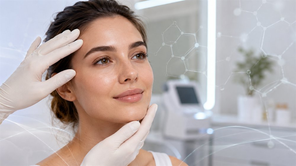 Rosto feminino com pele saudável e aspecto natural, com grafismo que representa ciência e tecnologia da estética avançada na Revium