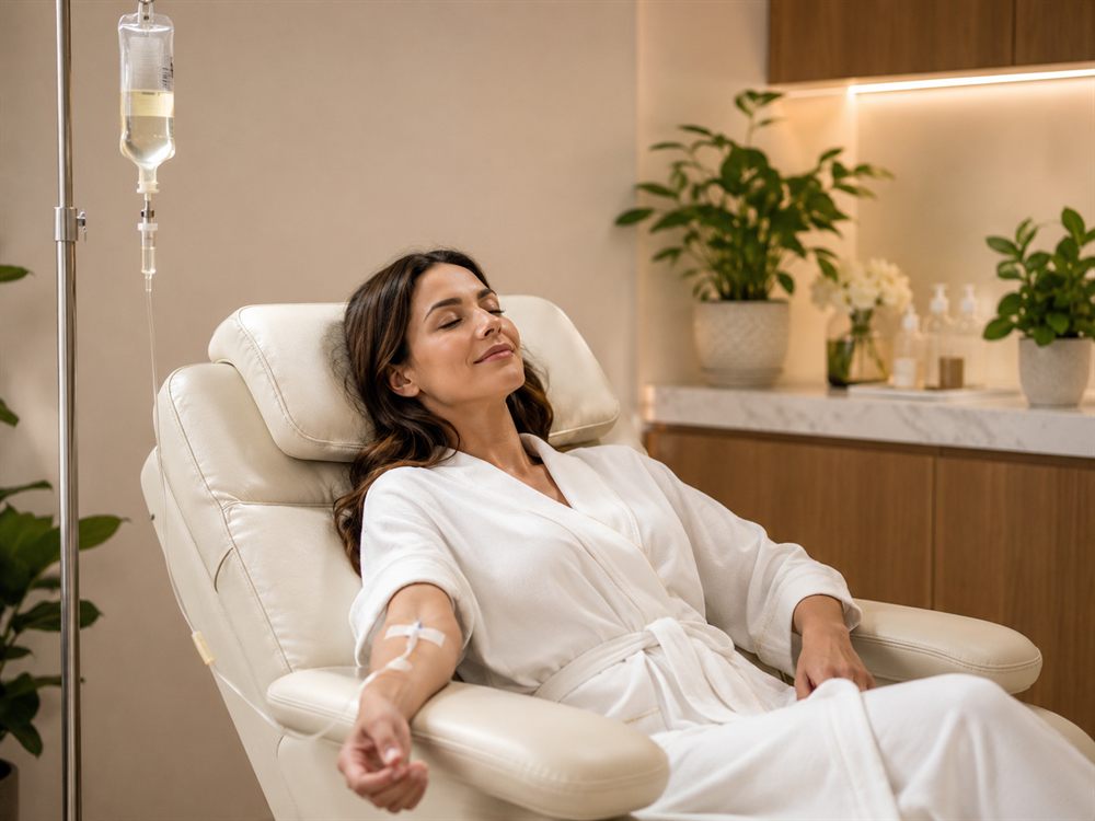 Imagem conceitual de terapias injetáveis em ambiente clínico moderno, representando vitalidade, imunidade, soroterapia, suplementação injetável e cuidado personalizado na Revium